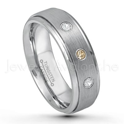 0.07ctw Smokey Quartz Tungsten Ring - November Birthstone Ring - 6mm Tungsten Wedding Band - Brushed Finish Comfort Fit Tungsten Carbide Ring - Stepped Edge Tungsten Anniversary Ring TN008-SMQ