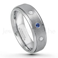 0.21ctw Blue Sapphire & Diamond 3-Stone Tungsten Ring - September Birthstone Ring - 6mm Tungsten Wedding Band - Brushed Finish Comfort Fit Tungsten Carbide Ring - Stepped Edge Tungsten Anniversary Ring TN008-SP