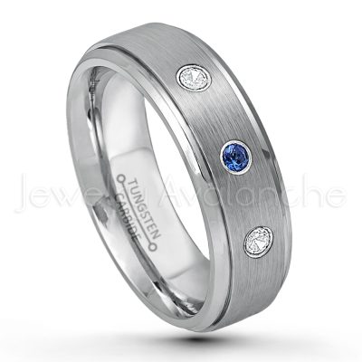 0.21ctw Blue Sapphire & Diamond 3-Stone Tungsten Ring - September Birthstone Ring - 6mm Tungsten Wedding Band - Brushed Finish Comfort Fit Tungsten Carbide Ring - Stepped Edge Tungsten Anniversary Ring TN008-SP