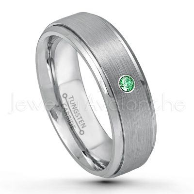 0.21ctw Tsavorite & Diamond 3-Stone Tungsten Ring - January Birthstone Ring - 6mm Tungsten Wedding Band - Brushed Finish Comfort Fit Tungsten Carbide Ring - Stepped Edge Tungsten Anniversary Ring TN008-TVR