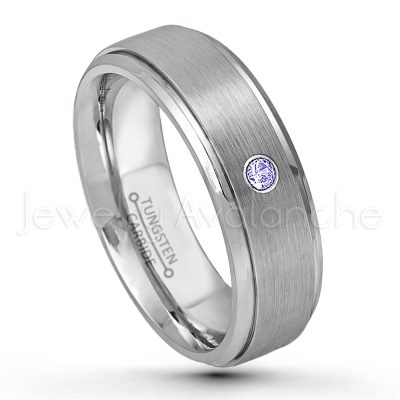 0.07ctw Tanzanite Tungsten Ring - December Birthstone Ring - 6mm Tungsten Wedding Band - Brushed Finish Comfort Fit Tungsten Carbide Ring - Stepped Edge Tungsten Anniversary Ring TN008-TZN