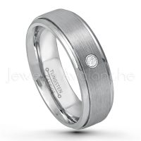 0.07ctw Diamond Tungsten Ring - April Birthstone Ring - 6mm Tungsten Wedding Band - Brushed Finish Comfort Fit Tungsten Carbide Ring - Stepped Edge Tungsten Anniversary Ring TN008-WD