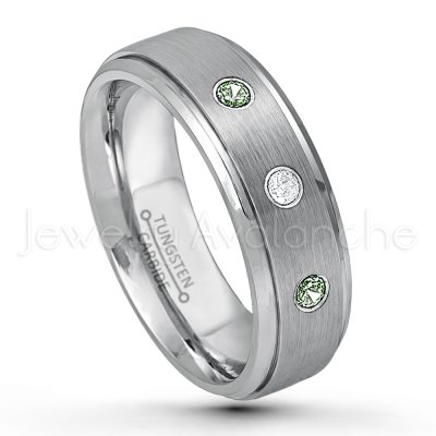 0.21ctw Alexandrite & Diamond 3-Stone Tungsten Ring - June Birthstone Ring - 6mm Tungsten Wedding Band - Brushed Finish Comfort Fit Tungsten Carbide Ring - Stepped Edge Tungsten Anniversary Ring TN008-ALX