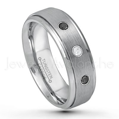 0.07ctw Diamond Tungsten Ring - April Birthstone Ring - 6mm Tungsten Wedding Band - Brushed Finish Comfort Fit Tungsten Carbide Ring - Stepped Edge Tungsten Anniversary Ring TN008-WD