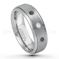0.21ctw White & Black Diamond 3-Stone Tungsten Ring - April Birthstone Ring - 6mm Tungsten Wedding Band - Brushed Finish Comfort Fit Tungsten Carbide Ring - Stepped Edge Tungsten Anniversary Ring TN008-WD
