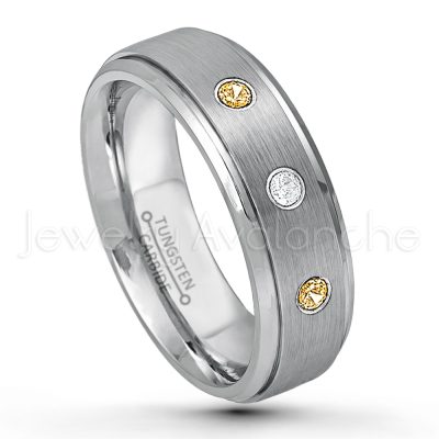 0.07ctw Citrine Tungsten Ring - November Birthstone Ring - 6mm Tungsten Wedding Band - Brushed Finish Comfort Fit Tungsten Carbide Ring - Stepped Edge Tungsten Anniversary Ring TN008-CN