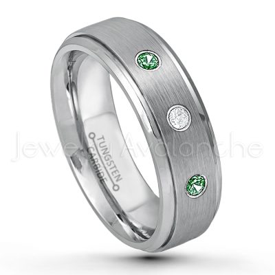 0.21ctw Emerald 3-Stone Tungsten Ring - May Birthstone Ring - 6mm Tungsten Wedding Band - Brushed Finish Comfort Fit Tungsten Carbide Ring - Stepped Edge Tungsten Anniversary Ring TN008-ED