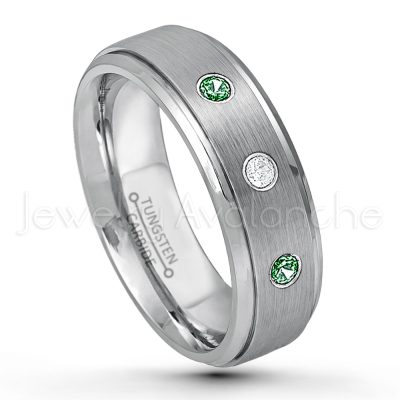 0.07ctw Emerald Tungsten Ring - May Birthstone Ring - 6mm Tungsten Wedding Band - Brushed Finish Comfort Fit Tungsten Carbide Ring - Stepped Edge Tungsten Anniversary Ring TN008-ED