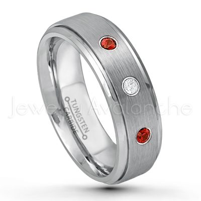 0.21ctw Garnet 3-Stone Tungsten Ring - January Birthstone Ring - 6mm Tungsten Wedding Band - Brushed Finish Comfort Fit Tungsten Carbide Ring - Stepped Edge Tungsten Anniversary Ring TN008-GR