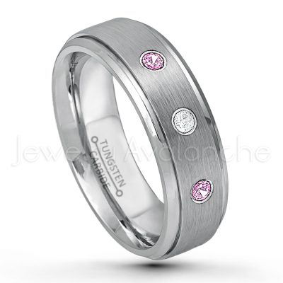 0.21ctw Pink Tourmaline & Diamond 3-Stone Tungsten Ring - October Birthstone Ring - 6mm Tungsten Wedding Band - Brushed Finish Comfort Fit Tungsten Carbide Ring - Stepped Edge Tungsten Anniversary Ring TN008-PTM