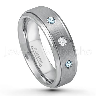 0.21ctw Topaz & Diamond 3-Stone Tungsten Ring - November Birthstone Ring - 6mm Tungsten Wedding Band - Brushed Finish Comfort Fit Tungsten Carbide Ring - Stepped Edge Tungsten Anniversary Ring TN008-TP