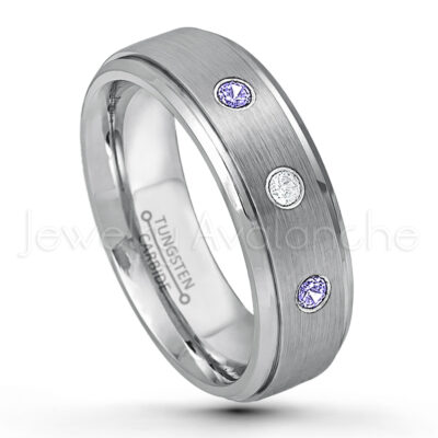 0.21ctw Tanzanite 3-Stone Tungsten Ring - December Birthstone Ring - 6mm Tungsten Wedding Band - Brushed Finish Comfort Fit Tungsten Carbide Ring - Stepped Edge Tungsten Anniversary Ring TN008-TZN