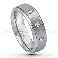 0.21ctw Amethyst 3-Stone Tungsten Ring - February Birthstone Ring - 6mm Tungsten Wedding Band - Brushed Finish Comfort Fit Tungsten Carbide Ring - Stepped Edge Tungsten Anniversary Ring TN008-AMT