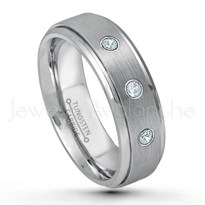 0.21ctw Aquamarine & Diamond 3-Stone Tungsten Ring - March Birthstone Ring - 6mm Tungsten Wedding Band - Brushed Finish Comfort Fit Tungsten Carbide Ring - Stepped Edge Tungsten Anniversary Ring TN008-AQM
