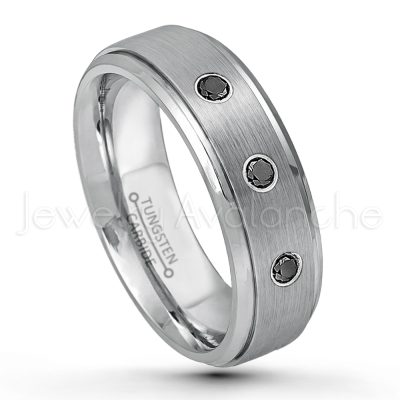 0.21ctw Black & White Diamond 3-Stone Tungsten Ring - April Birthstone Ring - 6mm Tungsten Wedding Band - Brushed Finish Comfort Fit Tungsten Carbide Ring - Stepped Edge Tungsten Anniversary Ring TN008-BD