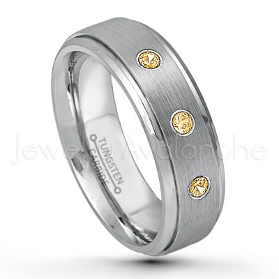 0.21ctw Citrine & Diamond 3-Stone Tungsten Ring - November Birthstone Ring - 6mm Tungsten Wedding Band - Brushed Finish Comfort Fit Tungsten Carbide Ring - Stepped Edge Tungsten Anniversary Ring TN008-CN