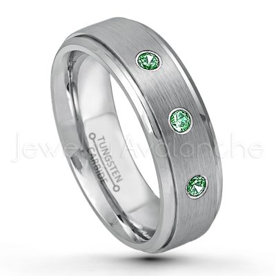 0.21ctw Emerald & Diamond 3-Stone Tungsten Ring - May Birthstone Ring - 6mm Tungsten Wedding Band - Brushed Finish Comfort Fit Tungsten Carbide Ring - Stepped Edge Tungsten Anniversary Ring TN008-ED