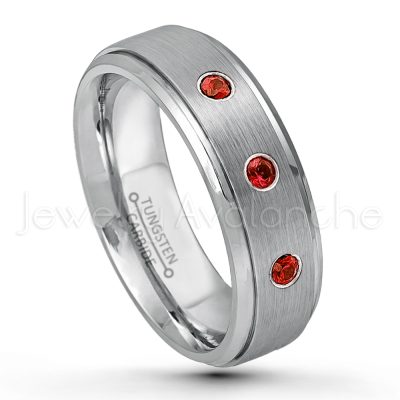 0.21ctw Garnet & Diamond 3-Stone Tungsten Ring - January Birthstone Ring - 6mm Tungsten Wedding Band - Brushed Finish Comfort Fit Tungsten Carbide Ring - Stepped Edge Tungsten Anniversary Ring TN008-GR