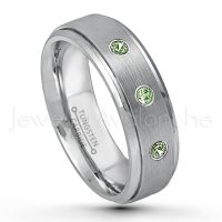 0.21ctw Green Tourmaline 3-Stone Tungsten Ring - October Birthstone Ring - 6mm Tungsten Wedding Band - Brushed Finish Comfort Fit Tungsten Carbide Ring - Stepped Edge Tungsten Anniversary Ring TN008-GTM