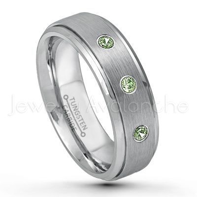 0.21ctw Green Tourmaline & Diamond 3-Stone Tungsten Ring - October Birthstone Ring - 6mm Tungsten Wedding Band - Brushed Finish Comfort Fit Tungsten Carbide Ring - Stepped Edge Tungsten Anniversary Ring TN008-GTM