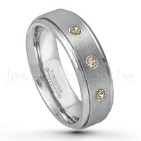 0.21ctw Smokey Quartz 3-Stone Tungsten Ring - November Birthstone Ring - 6mm Tungsten Wedding Band - Brushed Finish Comfort Fit Tungsten Carbide Ring - Stepped Edge Tungsten Anniversary Ring TN008-SMQ