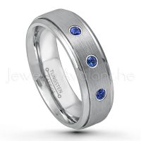 0.21ctw Blue Sapphire 3-Stone Tungsten Ring - September Birthstone Ring - 6mm Tungsten Wedding Band - Brushed Finish Comfort Fit Tungsten Carbide Ring - Stepped Edge Tungsten Anniversary Ring TN008-SP