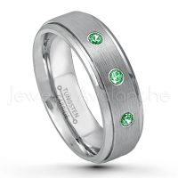 0.21ctw Tsavorite 3-Stone Tungsten Ring - January Birthstone Ring - 6mm Tungsten Wedding Band - Brushed Finish Comfort Fit Tungsten Carbide Ring - Stepped Edge Tungsten Anniversary Ring TN008-TVR