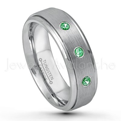0.21ctw Tsavorite & Diamond 3-Stone Tungsten Ring - January Birthstone Ring - 6mm Tungsten Wedding Band - Brushed Finish Comfort Fit Tungsten Carbide Ring - Stepped Edge Tungsten Anniversary Ring TN008-TVR