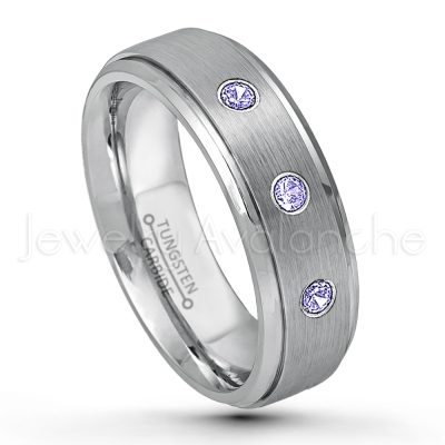 0.21ctw Tanzanite & Diamond 3-Stone Tungsten Ring - December Birthstone Ring - 6mm Tungsten Wedding Band - Brushed Finish Comfort Fit Tungsten Carbide Ring - Stepped Edge Tungsten Anniversary Ring TN008-TZN