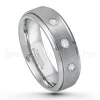0.21ctw Diamond 3-Stone Tungsten Ring - April Birthstone Ring - 6mm Tungsten Wedding Band - Brushed Finish Comfort Fit Tungsten Carbide Ring - Stepped Edge Tungsten Anniversary Ring TN008-WD