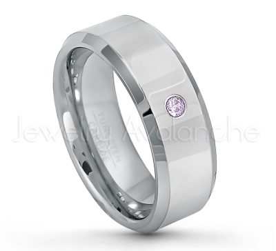 0.21ctw Amethyst & Diamond 3-Stone Tungsten Ring - February Birthstone Ring - 8mm Tungsten Wedding Band - Polished Finish Beveled Edge Comfort Fit Tungsten Carbide Ring - Anniversary Ring TN009-AMT