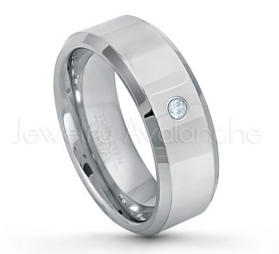 0.07ctw Aquamarine Tungsten Ring - March Birthstone Ring - 8mm Tungsten Wedding Band - Polished Finish Beveled Edge Comfort Fit Tungsten Carbide Ring - Anniversary Ring TN009-AQM