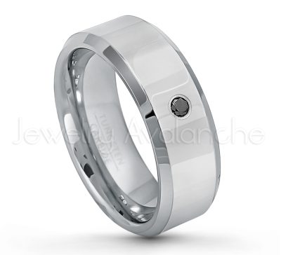 0.21ctw Black Diamond 3-Stone Tungsten Ring - April Birthstone Ring - 8mm Tungsten Wedding Band - Polished Finish Beveled Edge Comfort Fit Tungsten Carbide Ring - Anniversary Ring TN009-BD