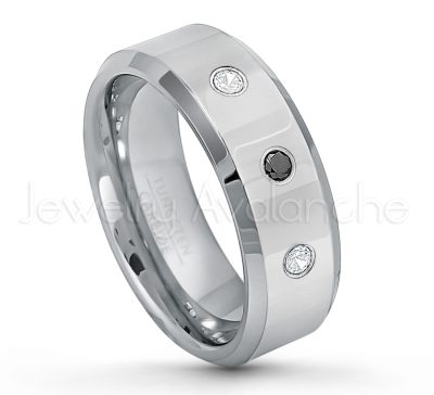 0.07ctw Black Diamond Tungsten Ring - April Birthstone Ring - 8mm Tungsten Wedding Band - Polished Finish Beveled Edge Comfort Fit Tungsten Carbide Ring - Anniversary Ring TN009-BD