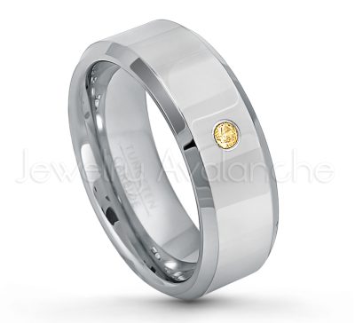 0.21ctw Citrine 3-Stone Tungsten Ring - November Birthstone Ring - 8mm Tungsten Wedding Band - Polished Finish Beveled Edge Comfort Fit Tungsten Carbide Ring - Anniversary Ring TN009-CN