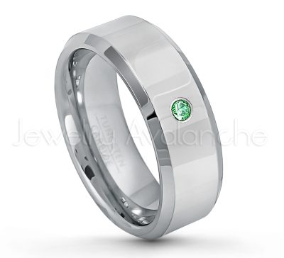 0.21ctw Emerald 3-Stone Tungsten Ring - May Birthstone Ring - 8mm Tungsten Wedding Band - Polished Finish Beveled Edge Comfort Fit Tungsten Carbide Ring - Anniversary Ring TN009-ED