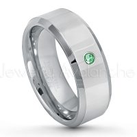 0.07ctw Emerald Tungsten Ring - May Birthstone Ring - 8mm Tungsten Wedding Band - Polished Finish Beveled Edge Comfort Fit Tungsten Carbide Ring - Anniversary Ring TN009-ED