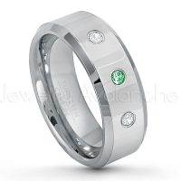 0.21ctw Emerald & Diamond 3-Stone Tungsten Ring - May Birthstone Ring - 8mm Tungsten Wedding Band - Polished Finish Beveled Edge Comfort Fit Tungsten Carbide Ring - Anniversary Ring TN009-ED