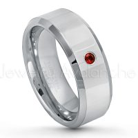 0.07ctw Garnet Tungsten Ring - January Birthstone Ring - 8mm Tungsten Wedding Band - Polished Finish Beveled Edge Comfort Fit Tungsten Carbide Ring - Anniversary Ring TN009-GR