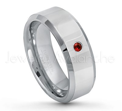 0.21ctw Garnet & Diamond 3-Stone Tungsten Ring - January Birthstone Ring - 8mm Tungsten Wedding Band - Polished Finish Beveled Edge Comfort Fit Tungsten Carbide Ring - Anniversary Ring TN009-GR