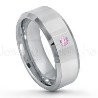 0.07ctw Pink Tourmaline Tungsten Ring - October Birthstone Ring - 8mm Tungsten Wedding Band - Polished Finish Beveled Edge Comfort Fit Tungsten Carbide Ring - Anniversary Ring TN009-PTM