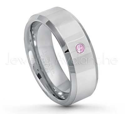 0.21ctw Pink Tourmaline & Diamond 3-Stone Tungsten Ring - October Birthstone Ring - 8mm Tungsten Wedding Band - Polished Finish Beveled Edge Comfort Fit Tungsten Carbide Ring - Anniversary Ring TN009-PTM