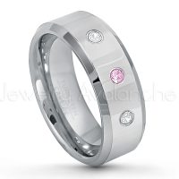 0.21ctw Pink Tourmaline & Diamond 3-Stone Tungsten Ring - October Birthstone Ring - 8mm Tungsten Wedding Band - Polished Finish Beveled Edge Comfort Fit Tungsten Carbide Ring - Anniversary Ring TN009-PTM