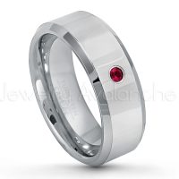 0.07ctw Ruby Tungsten Ring - July Birthstone Ring - 8mm Tungsten Wedding Band - Polished Finish Beveled Edge Comfort Fit Tungsten Carbide Ring - Anniversary Ring TN009-RB