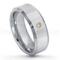 0.07ctw Smokey Quartz Tungsten Ring - November Birthstone Ring - 8mm Tungsten Wedding Band - Polished Finish Beveled Edge Comfort Fit Tungsten Carbide Ring - Anniversary Ring TN009-SMQ