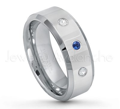 0.21ctw Blue Sapphire 3-Stone Tungsten Ring - September Birthstone Ring - 8mm Tungsten Wedding Band - Polished Finish Beveled Edge Comfort Fit Tungsten Carbide Ring - Anniversary Ring TN009-SP