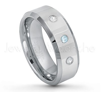 0.21ctw Topaz & Diamond 3-Stone Tungsten Ring - November Birthstone Ring - 8mm Tungsten Wedding Band - Polished Finish Beveled Edge Comfort Fit Tungsten Carbide Ring - Anniversary Ring TN009-TP