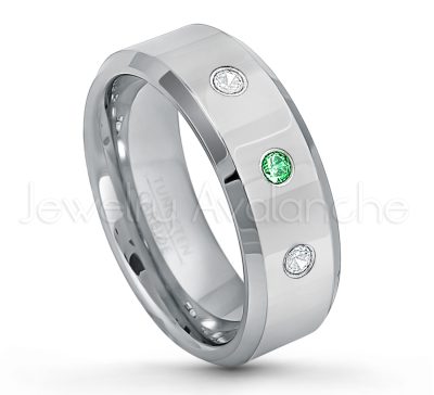 0.21ctw Tsavorite & Diamond 3-Stone Tungsten Ring - January Birthstone Ring - 8mm Tungsten Wedding Band - Polished Finish Beveled Edge Comfort Fit Tungsten Carbide Ring - Anniversary Ring TN009-TVR
