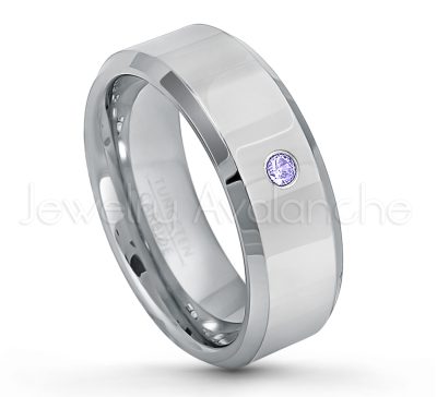 0.21ctw Tanzanite 3-Stone Tungsten Ring - December Birthstone Ring - 8mm Tungsten Wedding Band - Polished Finish Beveled Edge Comfort Fit Tungsten Carbide Ring - Anniversary Ring TN009-TZN