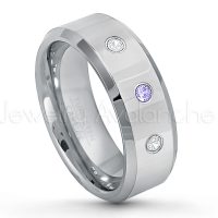 0.21ctw Tanzanite & Diamond 3-Stone Tungsten Ring - December Birthstone Ring - 8mm Tungsten Wedding Band - Polished Finish Beveled Edge Comfort Fit Tungsten Carbide Ring - Anniversary Ring TN009-TZN